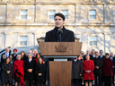 Prime Minister Justin Trudeau speaks after swearing-in his new cabinet during ceremony at Rideau Hall on Nov. 20, 2019 in Ottawa.