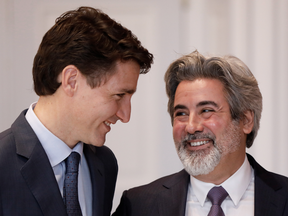 MP Pablo Rodriguez with Prime Minister Justin Trudeau after being sworn-in as government house leader, Nov 20, 2019. Rodriguez will also serve as Trudeau's Quebec lieutenant.