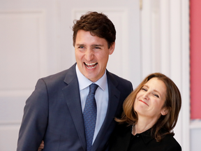 Chrystia Freeland with Prime Minister Justin Trudeau after being sworn-in as Deputy Prime Minister at Rideau Hall in Ottawa, Nov. 20, 2019.
