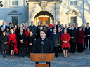 Prime Minister Justin Trudeau in front of his newly named Liberal cabinet ministers at Rideau Hall in Ottawa.