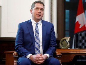 Conservative Party leader and Leader of the Official Opposition Andrew Scheer speaks at a meeting with Canada's Prime Minister Justin Trudeau on Parliament Hill in Ottawa, Ontario Canada November 12, 2019.