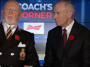 Don Cherry criticizes "you people" who don't wear poppies on Remembrance Day while Ron MacLean listens on Hockey Night in Canada's Coach's Corner on Nov. 9, 2019.