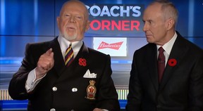 Don Cherry criticizes “you people” who don’t wear poppies on Remembrance Day while Ron MacLean listens on Hockey Night in Canada’s Coach’s Corner on Nov. 9, 2019.
