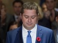 Conservative leader Andrew Scheer speaks to reporters following a caucus meeting on Parliament Hill in Ottawa, on Wednesday, Nov. 6, 2019.