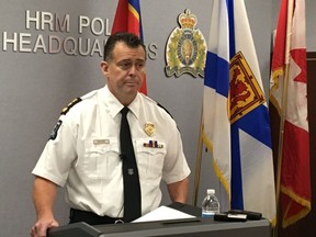 Halifax Regional Police Chief Daniel Kinsella addresses reporters at police headquarters on Thursday Oct. 10, 2109. Halifax's police chief has set the date for a formal apology to Nova Scotia's black community over the practice of street checks.