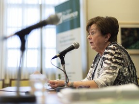 Finance Minister Donna Harpauer arrives to a morning press conference during Budget Day at Legislative Building in Regina, Saskatchewan on Wednesday March 20, 2019. The Saskatchewan Government says its mid-year report shows it's still on the way to finishing the fiscal year in the black.