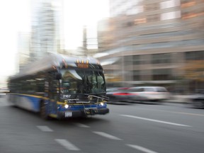 Escalating job action is expected across Metro Vancouver as Unifor bus drivers stage a one-day overtime ban, joining an ongoing ban on overtime by mechanics working for Coast Mountain Bus Company. A bus is pictured in downtown Vancouver, Friday, November, 1, 2019.