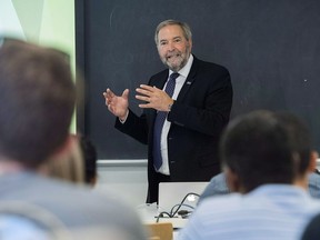 Former NDP leader Thomas Mulcair teaches a class at the University of Montreal in Montreal on September 5, 2018. Former NDP leader Tom Mulcair's choice to work for a pro-homeopathy advocacy group is raising eyebrows among critics who denounce the field as pseudoscience. Mulcair told a pro-homeopathy conference in Montreal today that he's been using the remedies for about 30 years, and feels the Quebec government needs to do more to recognize and regulate the field.