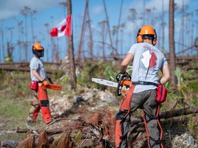 Members of Team Rubicon help clean up after Hurricane Dorian ripped through the Bahamas in early September in this undated handout photo.