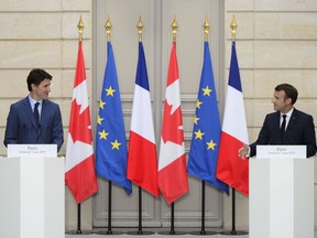 Prime Minister Justin Trudeau takes part in a joint media availability with French President Emmanuel Macron at the Elysee Palace in Paris on June 7, 2019. There are fears a brewing battle over the future of NATO could have major implications for Canada, which has relied on the military alliance as a cornerstone of its security, protection and influence in the world for decades. Prime Minister Justin Trudeau is expected to travel to London next month, where recent comments by French President Emmanuel Macron questioning the viability of NATO are threatening to overshadow a celebration of the alliance's 70th birthday.
