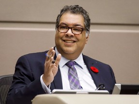 Mayor Naheed Nenshi speaks during a Calgary City council meeting in Calgary on October 31, 2018. Calgary Mayor Naheed Nenshi says moves the Alberta government is examining to wrest control from Ottawa would be costly.