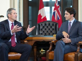 Prime Minister Justin Trudeau meets with Manitoba Premier Brian Pallister, left, on Parliament Hill, in Ottawa on Wednesday, May 29, 2019. Manitoba Premier Brian Pallister is hoping to discuss pipelines, flood protection and other issues during a one-hour meeting Friday with Prime Minister Justin Trudeau.