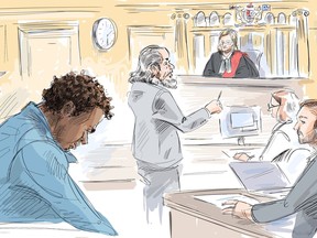 Samuel Opoku, left, his lawyer Jordan Weisz, Justice Cathy Mochain and Crown councel Michael Lockner are seen during an appearance in a courtroom sketch in Toronto, Wednesday, Nov. 27, 2019. Opoku is charged with five counts of assault with a weapon and five counts of mischief. A man, wearing a hard hat and blue work jacket, carries a bucket through a hallway in an undated handout photo.