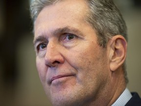 Manitoba Premier Brian Pallister speaks to reporters after meeting with Prime Minister Justin Trudeau, not shown, on Parliament Hill in Ottawa, on Friday, Nov. 8, 2019.