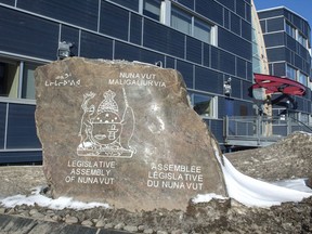 The Nuvanut Legislature is seen on April 25, 2015 in Iqaluit, Nunavut. The government of Nunavut is slowly returning to normal nearly two weeks after its computer systems were paralyzed by a cyber attack. Dean Wells, the territory's chief information officer, says departments are beginning to come back online.