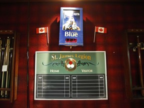 A snooker board and cues at The Royal Canadian Legion, St James Branch No. 4 in Winnipeg on November 8, 2018. The Manitoba government is giving legions a bigger slice of revenue from video lottery terminals. Premier Brian Pallister says legions will now get 30 per cent of revenues from the machines, up from 25 per cent. The move was promised last month as part of Pallister's agenda for his second term.