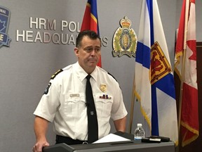 Halifax Regional Police Chief Daniel Kinsella addresses reporters at police headquarters on Thursday Oct. 10, 2109. Halifax's police chief is expected to issue a formal apology to Nova Scotia's black community today over the practice of street checks and to outline "meaningful action'' to improve his force's relationship with minority groups.