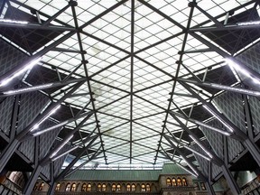 The glass roof above the interim House of Commons Chamber in seen during a media tour of the renovated West Block on Parliament Hill in Ottawa on Friday, June 15, 2018. The sunlit glass and aluminum ceiling soaring above the temporary home of the House of Commons inside a restored building on Parliament Hill has been getting a lot of attention.