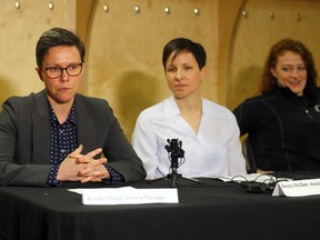 L-R, Calgary Inferno General Manager, Kristen Hagg, Assistant Coach Beck McGee and Inferno player and representative on the CWHL Players Association, Dakota Woodworth held a press conference to answer media questions about the Canadian Women Hockey League’s announcement to discontinue operations effective May 1, 2019 at Winsport in Calgary on Monday, April 1, 2019.