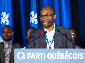 Elected Parti Quebecois president Dieudonne Ella Oyono speaks at a Parti Quebecois extraordinary congres, Sunday, November 10, 2019 in Trois-Rivieres Que.
