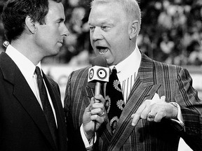 Ron MacLean and Don Cherry in Calgary during a rinkside commentary in 1991.