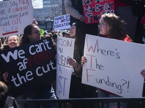 Students protest at City Hall in Kingston in April over Doug Ford's budget cuts towards education. Major education unions have been critical of the government’s overall direction since taking power last year.