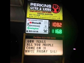Lance Perkins posted a sign advertising a 'White Friday sale' outside his gun shop, Perkins Guns and Ammo two weeks ago.