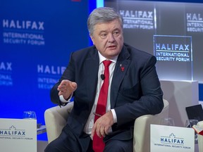 Petro Poroshenko, former president of Ukraine, speaks at a session at the Halifax International Security Forum in Halifax on Sunday, Nov. 24, 2019.