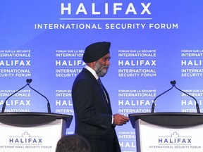 Harjit Singh Sajjan, Minister of National Defence, arrives for the opening news briefing before the start of the Halifax International Security Forum in Halifax on Friday November 22, 2019.