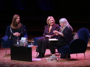 Hillary Rodham Clinton (C) and Chelsea Clinton (L) discuss The Book of Gutsy Women with British historian Mary Beard (R) at Southbank Centre's Royal Festival Hall in London on November 10, 2019.