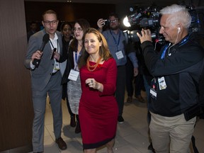 Minister of Foreign Affairs Chrystia Freeland leaves after delivering an address at the Triennial Congress of Ukrainian Canadians in Ottawa, on Friday, Nov. 1, 2019.