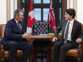 Prime Minister Justin Trudeau meets with Manitoba Premier Brian Pallister in his office on Parliament Hill in Ottawa, on Friday, Nov. 8, 2019.