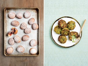 Sufganiyot, left, and chicken, scallion and ginger fritters from The Jewish Cookbook.