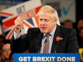 British Prime Minister Boris Johnson speaks at the Conservative Party's general election campaign launch in Birmingham, central England, on Nov. 6, 2019.