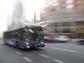 A bus is pictured in downtown Vancouver, Friday, November, 1, 2019. A transit strike remains in the air as talks between Vancouver bus drivers and their employee break down.
