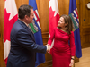 Deputy Prime Minister Chrystia Freeland, the new minister of intergovernmental affairs, meets with Alberta Premier Jason Kenney the Alberta Legislature in Edmonton, Nov. 25, 2019.