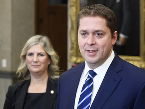 New Conservative Deputy Leader Leona Alleslev with party leader Andrew Scheer in the foyer of the House of Commons on Nov. 28, 2019.