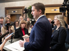 Conservative Deputy Leader Leona Alleslev with party leader Andrew Scheer at a news conference in the foyer of the House of Commons on Nov. 28, 2019.