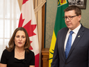 Deputy Prime Minister Chrystia Freeland meets with Saskatchewan Premier Scott Moe at the legislative building, in Regina, Nov. 26, 2019.