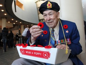 Roy Russell, 89, was in the medical corps and served all over Europe in World War II. The Calgary Poppy Fund sales got underway on Saturday, October, 29, 2011 at Chinook Centre with a ceremony that included an official Colour Party and a tribute to fallen soldiers and their families.