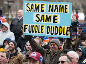 Protesters in favour of the Trans Mountain pipeline expansion protest outside the Alberta Legislature in Edmonton on April 12, 2018.