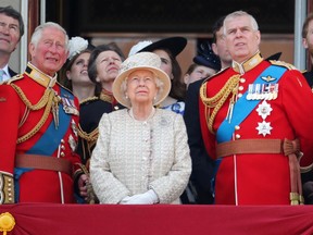 Prince Charles, Prince of Wales, Princess Beatrice, Princess Anne, Princess Royal, Queen Elizabeth II, Prince Andrew, Duke of York and Prince Harry, Duke of Sussex during Trooping The Colour, the Queen's annual birthday parade, on June 08, 2019 in London, England.