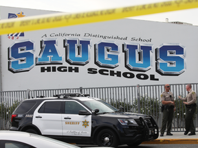 L.A. County Sheriff's Deputies at Saugus High School a day after a deadly shooting there on Nov. 15, 2019 in Santa Clarita, California.