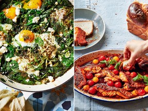 Green shakshuka with chard, kale, spinach and feta, left, and Spicy fish in cherry tomato and harissa sauce