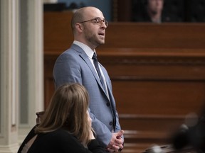 Quebec Solidaire MNA Sol Zanetti sings a poem as he delivers his final remarks before voting against a legislation on secularism, at the National Assembly in Quebec City, Sunday, June 16, 2019.