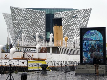 The SS Nomadic sits in front of the Titanic Belfast exhibition centre.