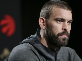 Raptor Marc Gasol sits down to questions during the Toronto Raptors'  media availability at the Scotiabank Arena in Toronto Ont. on Saturday September 28, 2019.