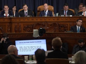 A transcript of a phone call between US President Donald Trump and Ukrainian President Volodymyr Zelensky is shown during the House Permanent Select Committee on Intelligence impeachment inquiry, with former US ambassador to Ukraine Marie Yovanovitch, into US President Donald Trump, on Capitol Hill on November 15, 2019 in Washington DC.