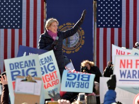 Sen. Elizabeth Warren, a Democratic presidential hopeful, speaks to supporters at a rally outside the New Hampshire State House.