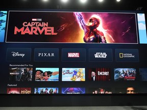 The interface of Disney+ streaming service is displayed on Apple Inc.'s AppleTV at the D23 Expo, billed as the "largest Disney fan event in the world," on August 23, 2019 at the Anaheim Convention Center in Anaheim, California.